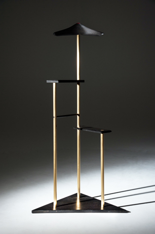 Valet stand 4000 year old bog oak, bronze and leather.